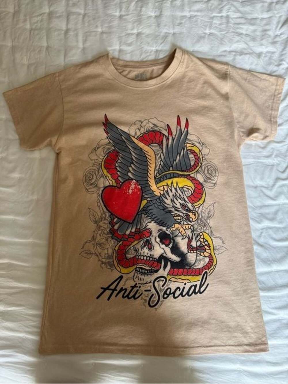 Anti-Social Women's Short Sleeve Tee in Beige with Graphic Print
